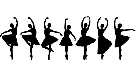 Black Solid Ballet Pointe Silhouettes Set of Six on White Background isolated on plain white background.のイラスト素材