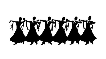 Black Solid Promenade Dance Silhouettes Set of Six on White Background isolated on plain white background.のイラスト素材