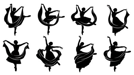 Black Solid Ballerina With Fabric Silhouettes Set of Six on White Background isolated on plain white background.のイラスト素材