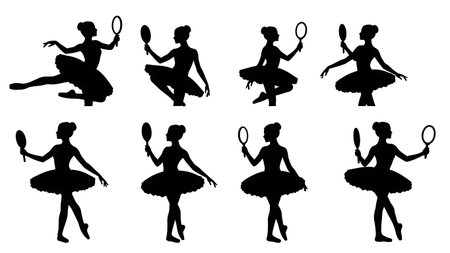 Black Solid Ballerina With Mirror Silhouettes Set of Six on White Background isolated on plain white background.のイラスト素材