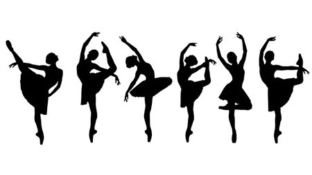 Black Solid Ballet Pointe Silhouettes Set of Six on White Background isolated on plain white background.のイラスト素材