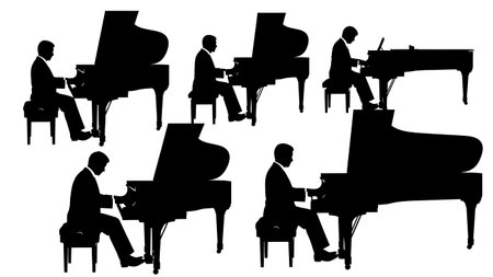 Black Solid Classical Male Pianist Silhouettes Set of Six on White Background isolated on plain white background.のイラスト素材