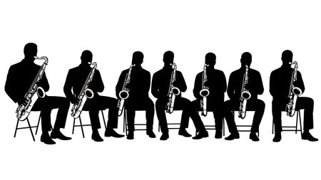 Black Solid Big Band Sax Section Silhouettes Set of Six on White Background isolated on plain white background.のイラスト素材