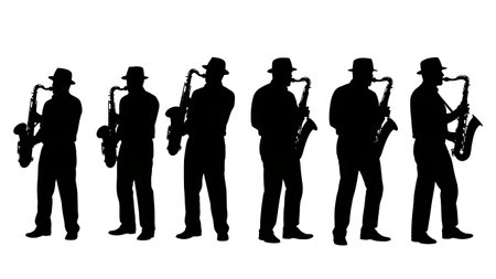 Black Solid Big Band Saxophone Section Silhouettes Set of Six on White Background isolated on plain white background.のイラスト素材
