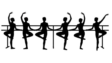 Black Solid Ballet Barre Silhouettes Set of Six on White Background isolated on plain white background.のイラスト素材