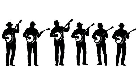 Black Solid Banjo Player Silhouettes Set of Six on White Background isolated on plain white background.のイラスト素材