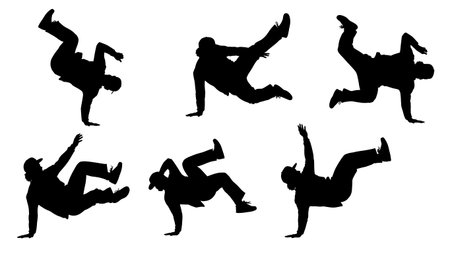 Black Solid Bboy Swipe Move Silhouettes Set of Six isolated on plain white background.のイラスト素材