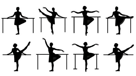 Black Solid Ballet Barre Practice Silhouettes Set of Six on White Background isolated on plain white background.のイラスト素材
