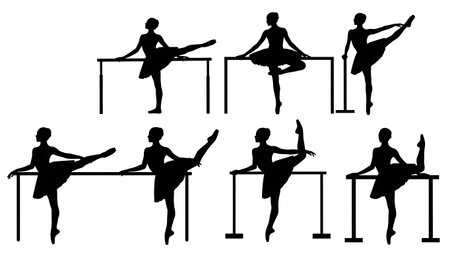 Black Solid Ballet Barre Leg Stretch Silhouettes Set of Six on White Background isolated on plain white background.のイラスト素材