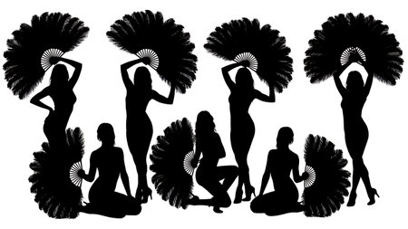 Black Solid Burlesque Fan Silhouettes Set of Six on White Background isolated on plain white background.のイラスト素材