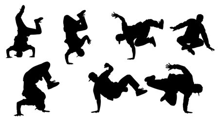 Black Solid Breakdance Power Silhouettes Set of Six on White Background isolated on plain white background.のイラスト素材