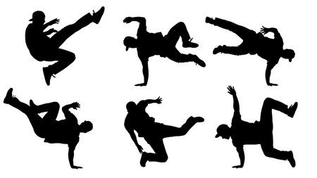 Black Solid Bboy Swipe Move Silhouettes Set of Six isolated on plain white background.のイラスト素材