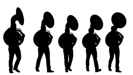 Black Solid Jazz Tuba Player Silhouettes Set of Six on White Background isolated on plain white background.のイラスト素材