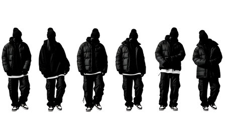 Black Solid Beanie Winter Street Gear Silhouettes Set of Six isolated on plain white background.