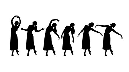 Black Solid Body Wave Dance Motion Silhouettes Set of Six isolated on plain white background.のイラスト素材