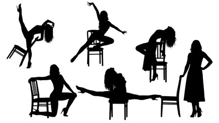 Black Solid Chair Dance Silhouettes Set of Six on White Background isolated on plain white background.のイラスト素材