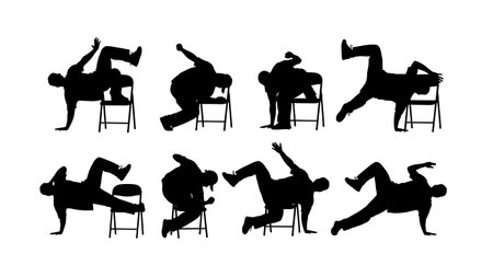 Black Solid Chair Freeze Balance Silhouettes Set of Six isolated on plain white background.のイラスト素材