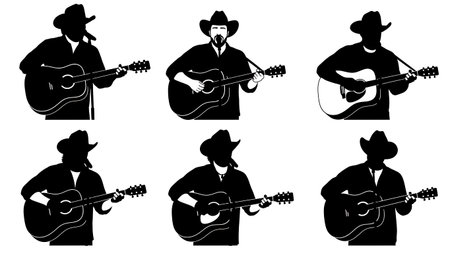 Black Solid Country Singer With Guitar Silhouettes Set of Six on White Background isolated on plain white background.のイラスト素材