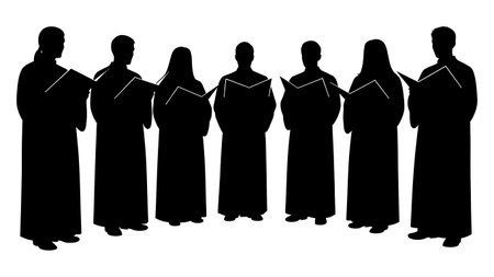 Black Solid Choir Singer Robes Book Silhouettes Set of Six on White Background isolated on plain white background.のイラスト素材