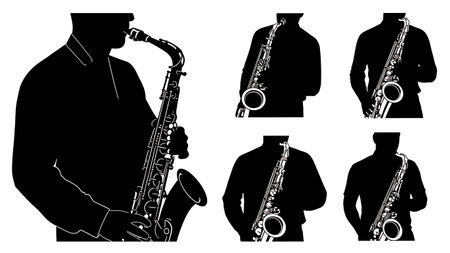 Black Solid Close Up Saxophone Player Silhouettes Set of Six on White Background isolated on plain white background.のイラスト素材