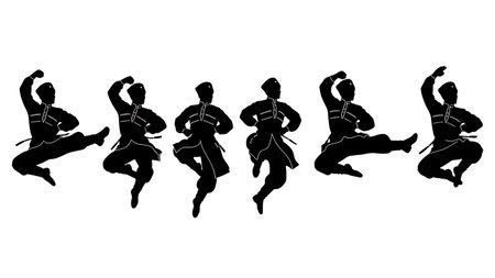 Black Solid Cossack Dance Silhouettes Set of Six on White Background isolated on plain white background.のイラスト素材