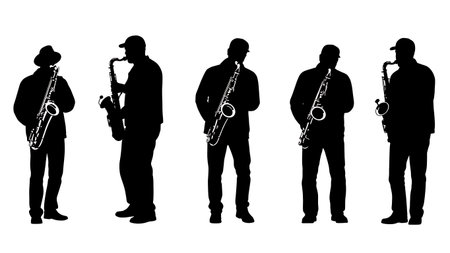 Black Solid Child Saxophone Student Silhouettes Set of Six on White Background isolated on plain white background.のイラスト素材