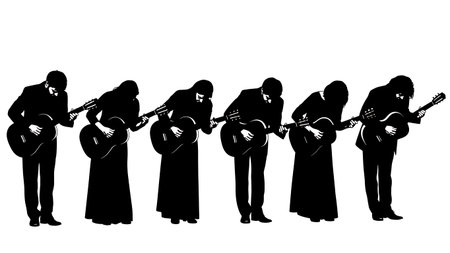 Black Solid Classical Guitarist Bowing Silhouettes Set of Six on White Background isolated on plain white background.のイラスト素材