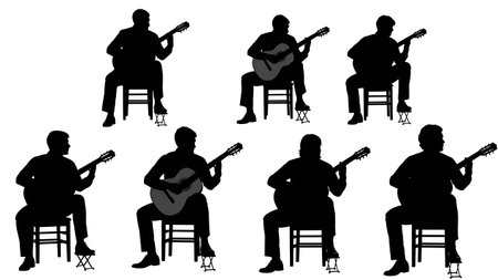 Black Solid Classical Guitarist Silhouettes Set of Six on White Background isolated on plain white background.のイラスト素材