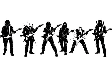 Black Solid Cyber Guitarist Silhouettes Set of Six on White Background isolated on plain white background.のイラスト素材