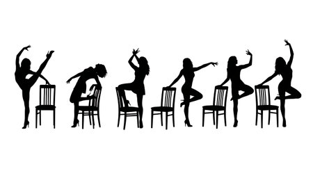 Black Solid Chair Dance Silhouettes Set of Six on White Background isolated on plain white background.のイラスト素材