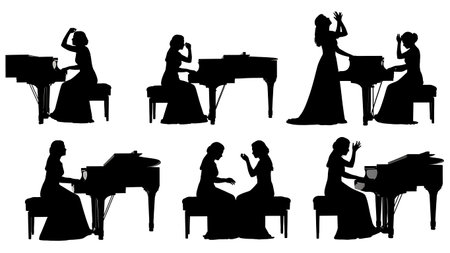 Black Solid Female Pianist In Gowns Silhouettes Set of Six on White Background isolated on plain white background.のイラスト素材