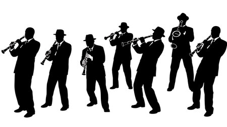 Black Solid Clarinet Player Silhouettes Set of Six on White Background isolated on plain white background.のイラスト素材