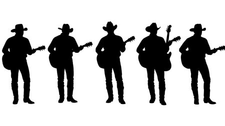 Black Solid Country Guitarist Cowboy Silhouettes Set of Six on White Background isolated on plain white background.のイラスト素材
