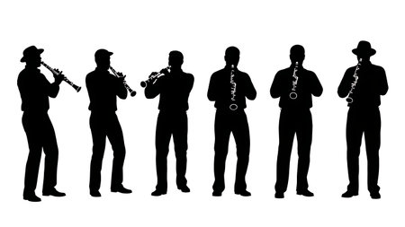 Black Solid Clarinet Player Silhouettes Set of Six on White Background isolated on plain white background.のイラスト素材