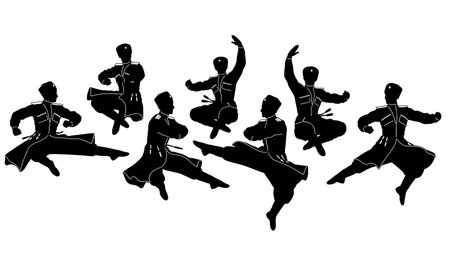Black Solid Cossack Dance Silhouettes Set of Six on White Background isolated on plain white background.のイラスト素材