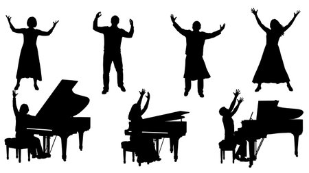 Black Solid Dramatic Pianist Finish Silhouettes Set of Six on White Background isolated on plain white background.のイラスト素材