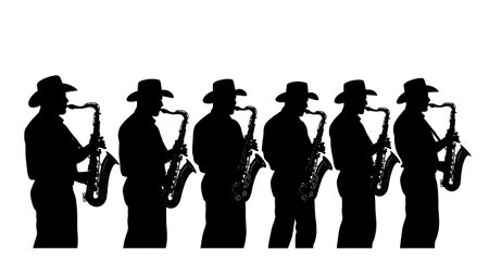 Black Solid Country Saxophone Player Silhouettes Set of Six on White Background isolated on plain white background.のイラスト素材