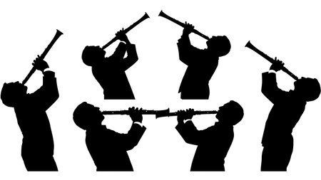 Black Solid Clarinet High Note Silhouettes Set of Six on White Background isolated on plain white background.のイラスト素材