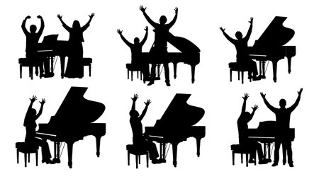 Black Solid Dramatic Pianist Finish Silhouettes Set of Six on White Background isolated on plain white background.のイラスト素材