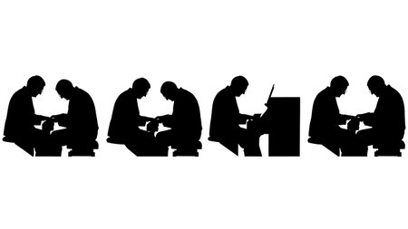 Black Solid Elderly Pianist Silhouettes Set of Six on White Background isolated on plain white background.のイラスト素材
