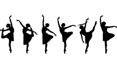 Black Solid Contemporary Ballet Fusion Silhouettes Set of Six on White Background isolated on plain white background.のイラスト素材
