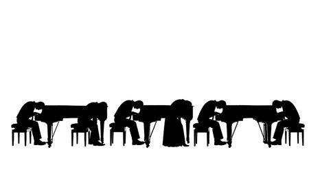 Black Solid Exhausted Pianist Silhouettes Set of Six on White Background isolated on plain white background.のイラスト素材