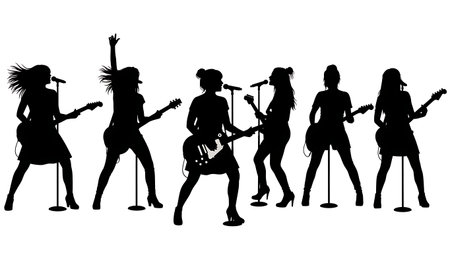 Black Solid Female Guitarist Singer Silhouettes Set of Six on White Background isolated on plain white background.のイラスト素材