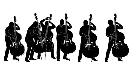 Black Solid Double Bass Player Silhouettes Set of Six on White Background isolated on plain white...