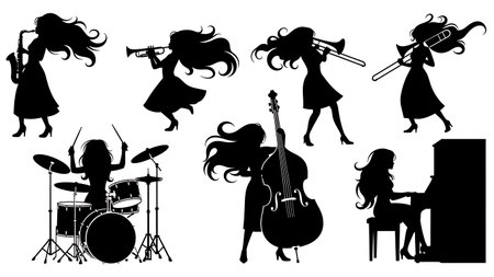 Black Solid Female Jazz Saxophone Silhouettes Set of Six on White Background isolated on plain white background.のイラスト素材