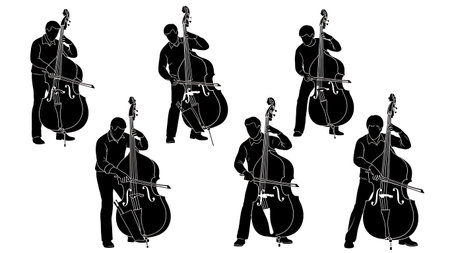 Black Solid Double Bass Player Silhouettes Set of Six on White Background isolated on plain white background.のイラスト素材