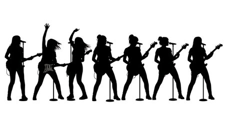 Black Solid Female Guitarist Singer Silhouettes Set of Six on White Background isolated on plain white background.のイラスト素材