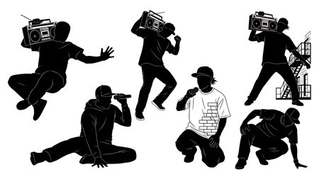 Black Solid Dancer With Boombox Silhouettes Set of Six isolated on plain white background.のイラスト素材