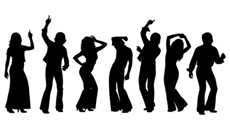 Black Solid Disco Party Silhouettes Set of Six on White Background isolated on plain white background.のイラスト素材