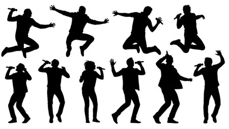 Black Solid Energetic Singer Jumping Silhouettes Set of Six on White Background isolated on plain white background.のイラスト素材